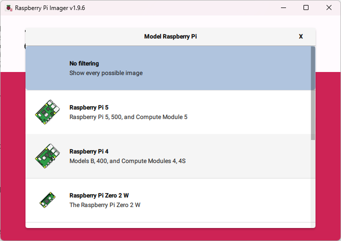 Raspberry Pi imager - wybór modelu
