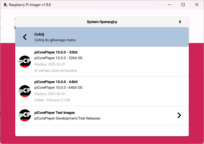 Raspverry Pi imager - - wybór systemu piCorePlayer