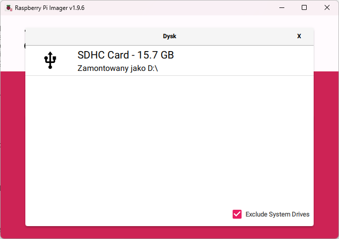 Raspberry Pi imager - wybór dysku
